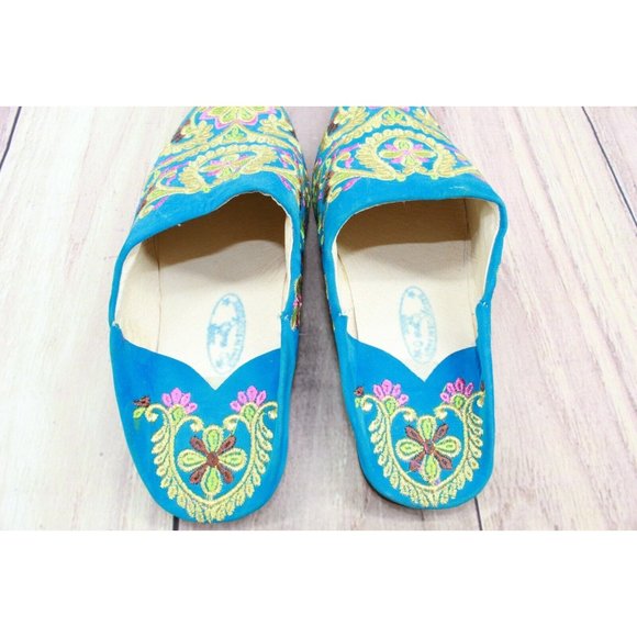 Women's Embroidered Blue Floral Pointed Toe Slip On Mules Flats Shoes Size 7 - Picture 6 of 10